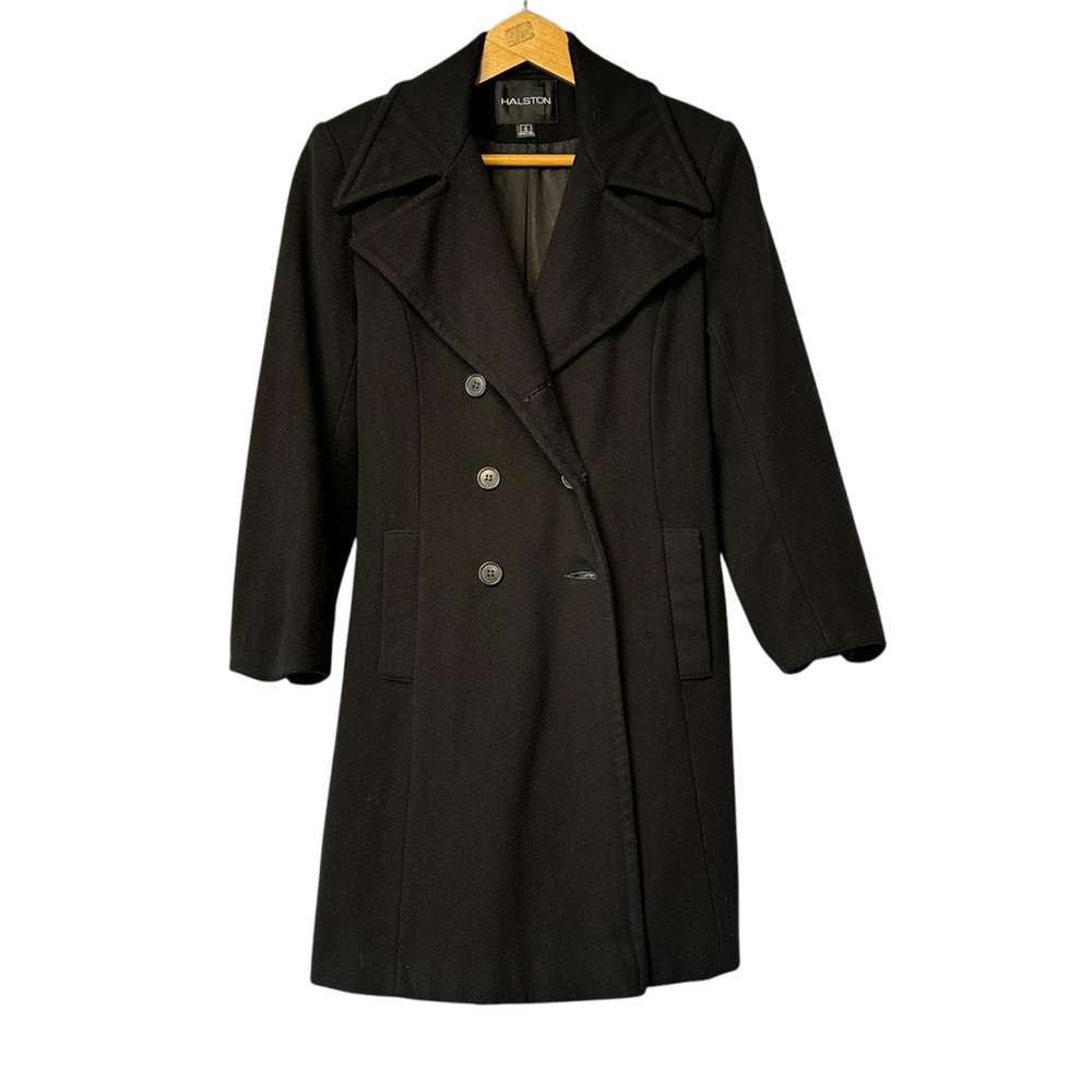 HALSTON BLACK WOOL COAT OVERCOAT PEACOAT FITTED WINTER JACKET OFFICE PREPPY